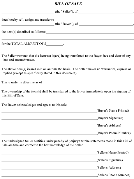 Template For Bill of Sale PDF