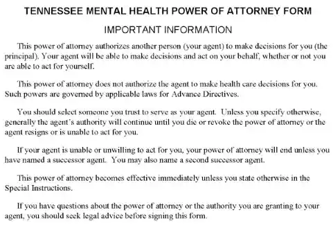 Tennessee Mental Health Power of Attorney PDF