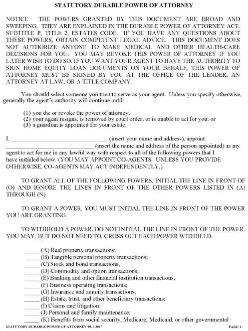 Texas Durable Power of Attorney Form