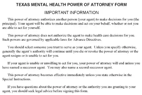 Texas Mental Health Power of Attorney Word