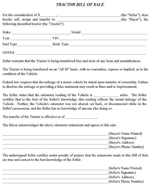 Tractor Bill of Sale Template Word