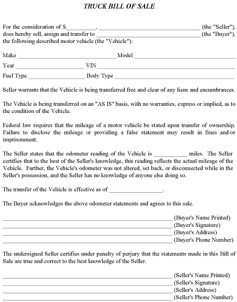 Truck Bill of Sale Template PDF