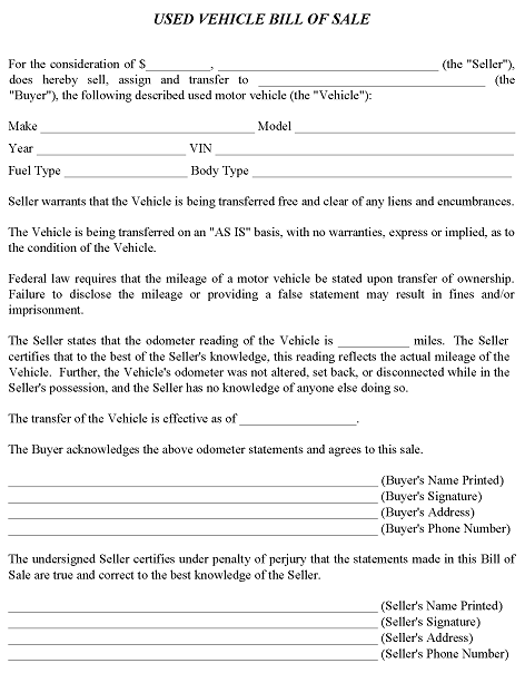 Used Vehicle Bill of Sale Template PDF
