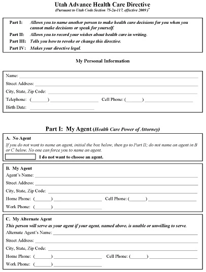 Utah Blank Printable Living Will Form PDF