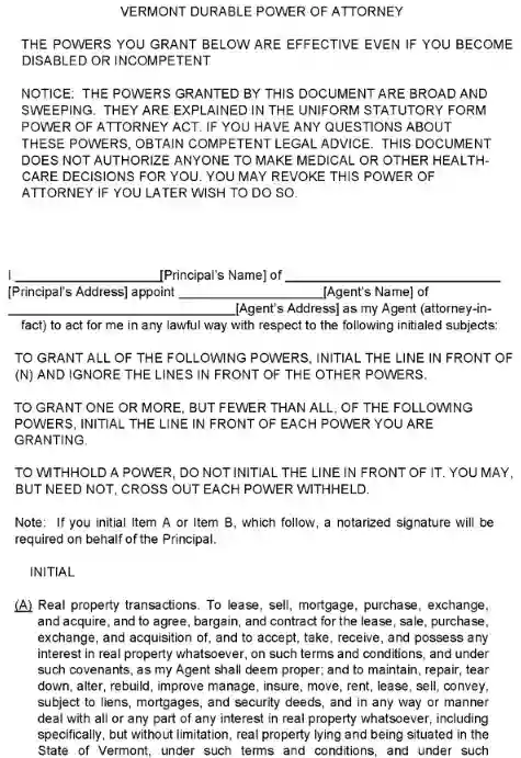 Vermont Durable Power of Attorney Form PDF