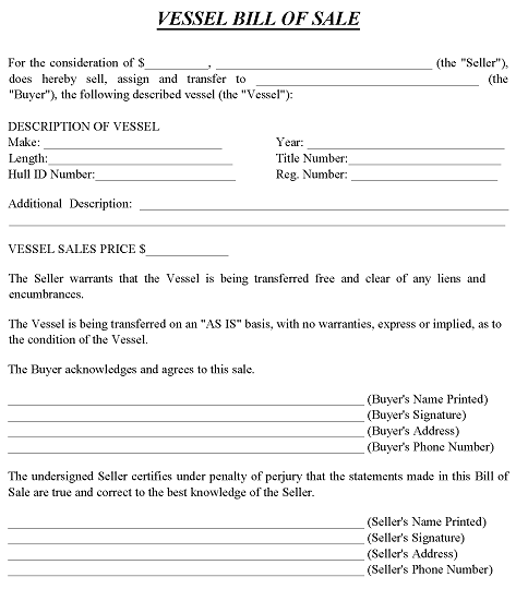Vessel Bill of Sale Template Word