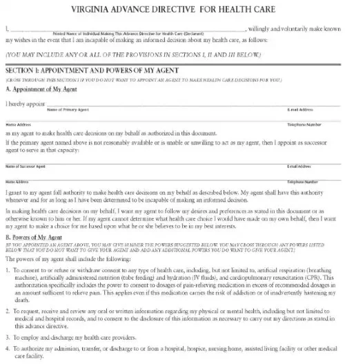 Free Printable Virginia Advance Healthcare Directive PDF Word