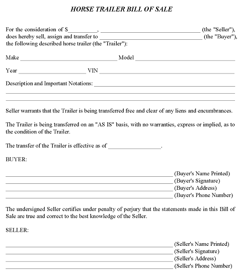 Virginia Horse Trailer Bill of Sale PDF