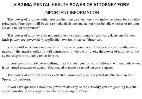 Virginia Mental Health Power of Attorney PDF