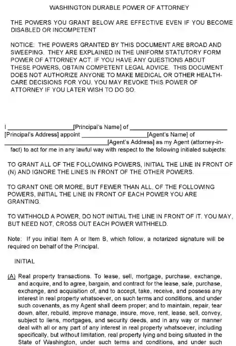 Washington Durable Power of Attorney Form PDF