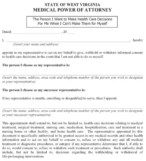 West Virginia Medical Power of Attorney PDF