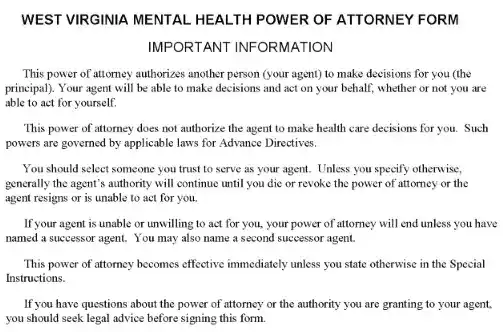 West Virginia Mental Health Power of Attorney Word