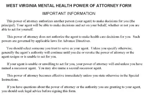 West Virginia Mental Health Power of Attorney