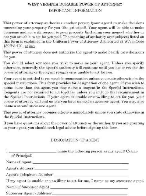 West Virginia Power of Attorney Form Free Printable