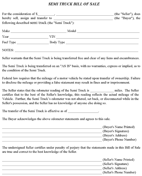 West Virginia Semi Truck Bill of Sale