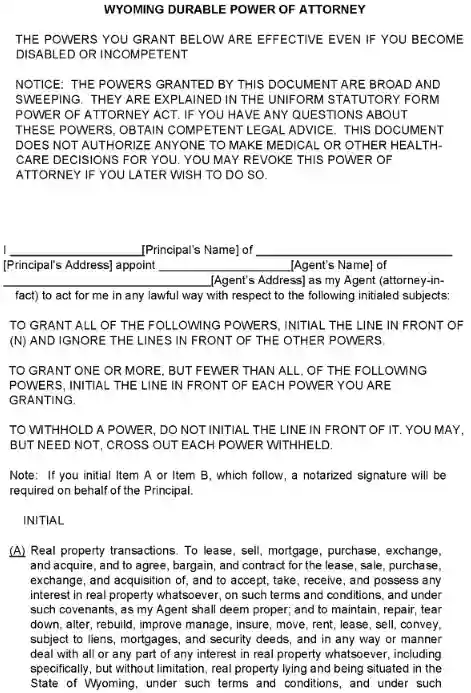 Wyoming Durable Power of Attorney Form