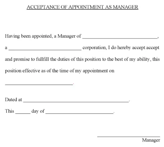 Acceptance of Appointment as Manager PDF
