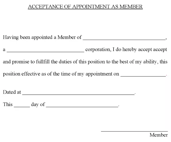 Acceptance of Appointment as Member