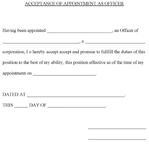 Acceptance of Appointment as Officer