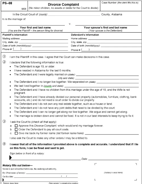 Alabama Divorce Complaint PS 08