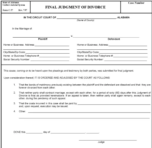 Free Alabama Final Judgment of Divorce PDF Free Printable Legal Forms