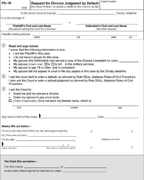 Alabama Request For Divorce Judgment By Default PS 10