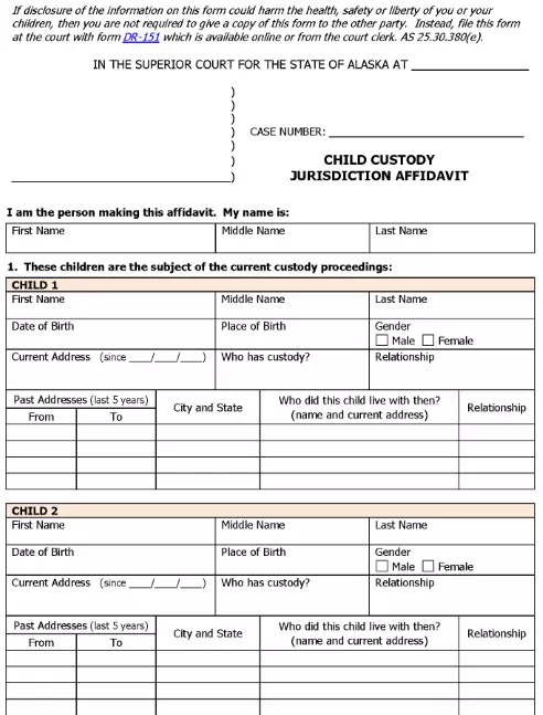 Alaska Child Custody Jurisdiction Affidavit DR 150