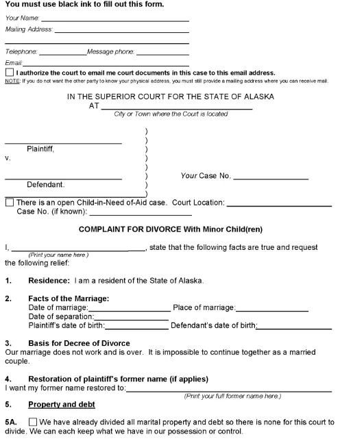 Alaska Divorce Complaint SHC 101
