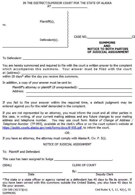 Alaska Divorce Summons All Other Locations