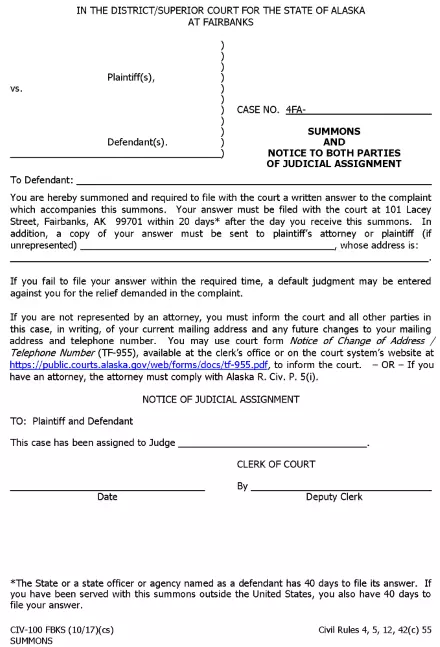 Alaska Divorce Summons Fairbanks