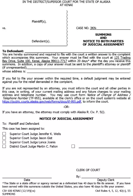 Alaska Divorce Summons Kenai