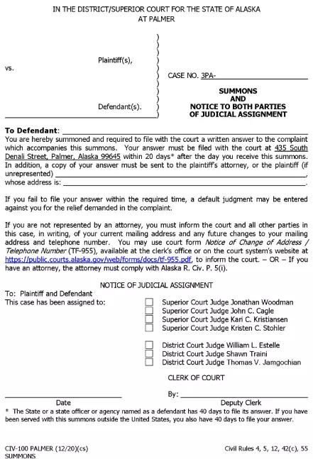 Alaska Divorce Summons Palmer