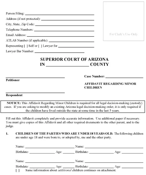 Arizona Affidavit Regarding Minor Children