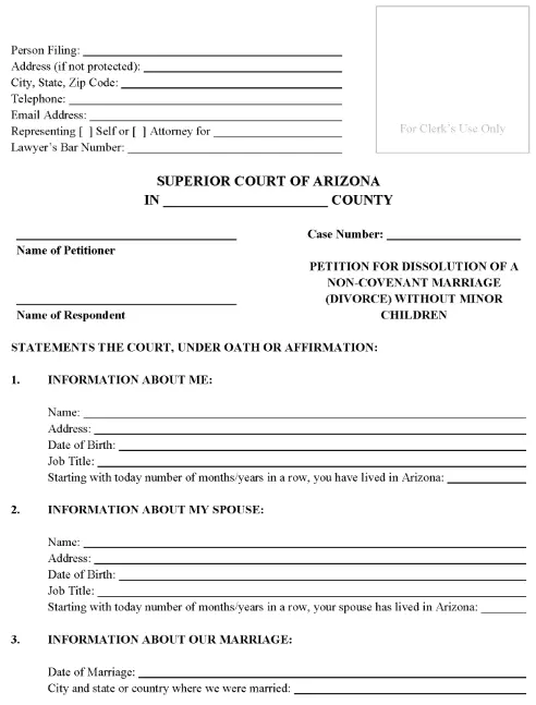 Arizona Divorce Petition Without Children