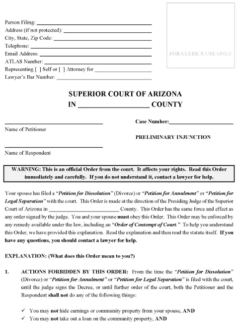Arizona Divorce Preliminary Injunction