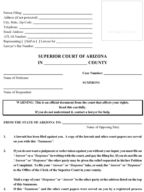 Arizona Divorce Summons