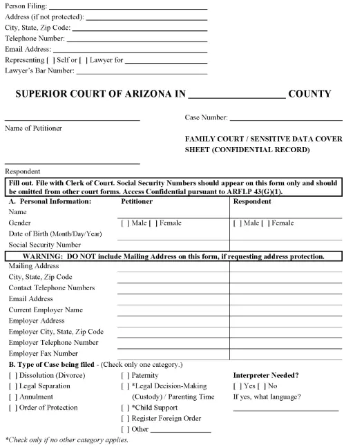 Arizona Family Court Sensitive Data Sheet No Children