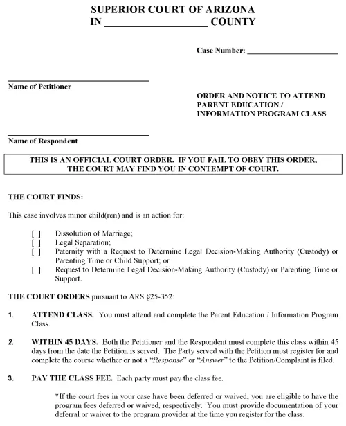 Arizona Order and Notice to Attend Parent Education Information Program Class