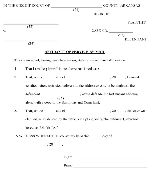 Arkansas Affidavit of Service by Mail