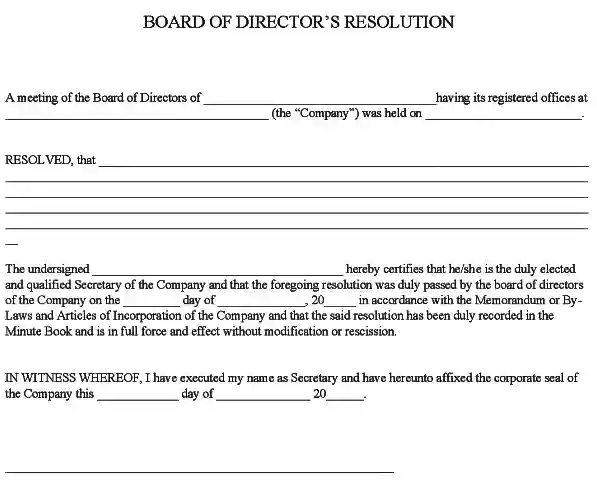 Board of Directors Resolution Form