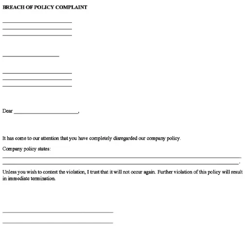 Breach of Company Policy Complaint Form PDF