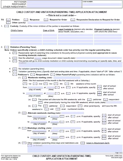 California Child Custody and Visitation Parenting Time Application Attachment