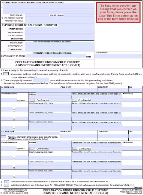 California Declaration Under Uniform Child Custody Jurisdiction and Enforcement Act