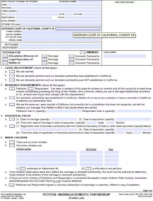 California Petition Marriage or Domestic Partnership