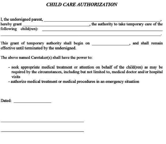 Child Care Authorization Form Word