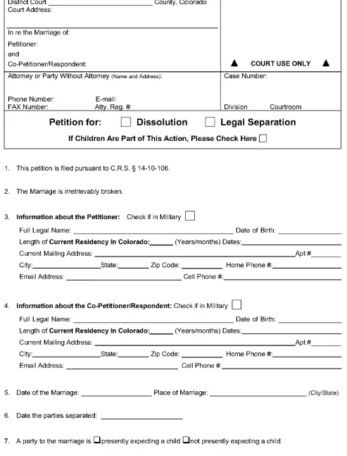 Colorado Petition For Dissolution or Legal Separation With Minor Children