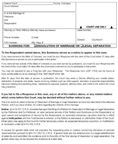 Colorado Summons for Dissolution of Marriage or Legal Separation