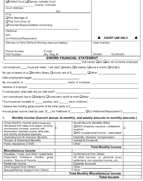 Colorado Sworn Financial Statement
