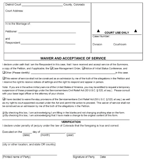 Colorado Waiver and Acceptance of Service