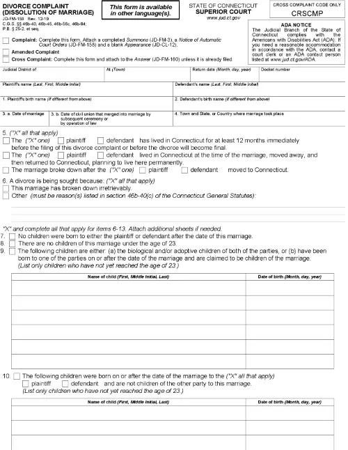 Connecticut Divorce Complaint